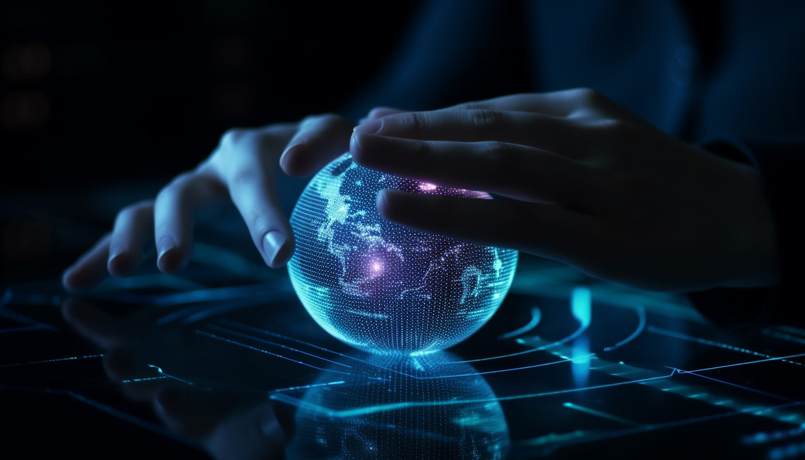 Glowing blue sphere held by human hand generated by artificial intelligence